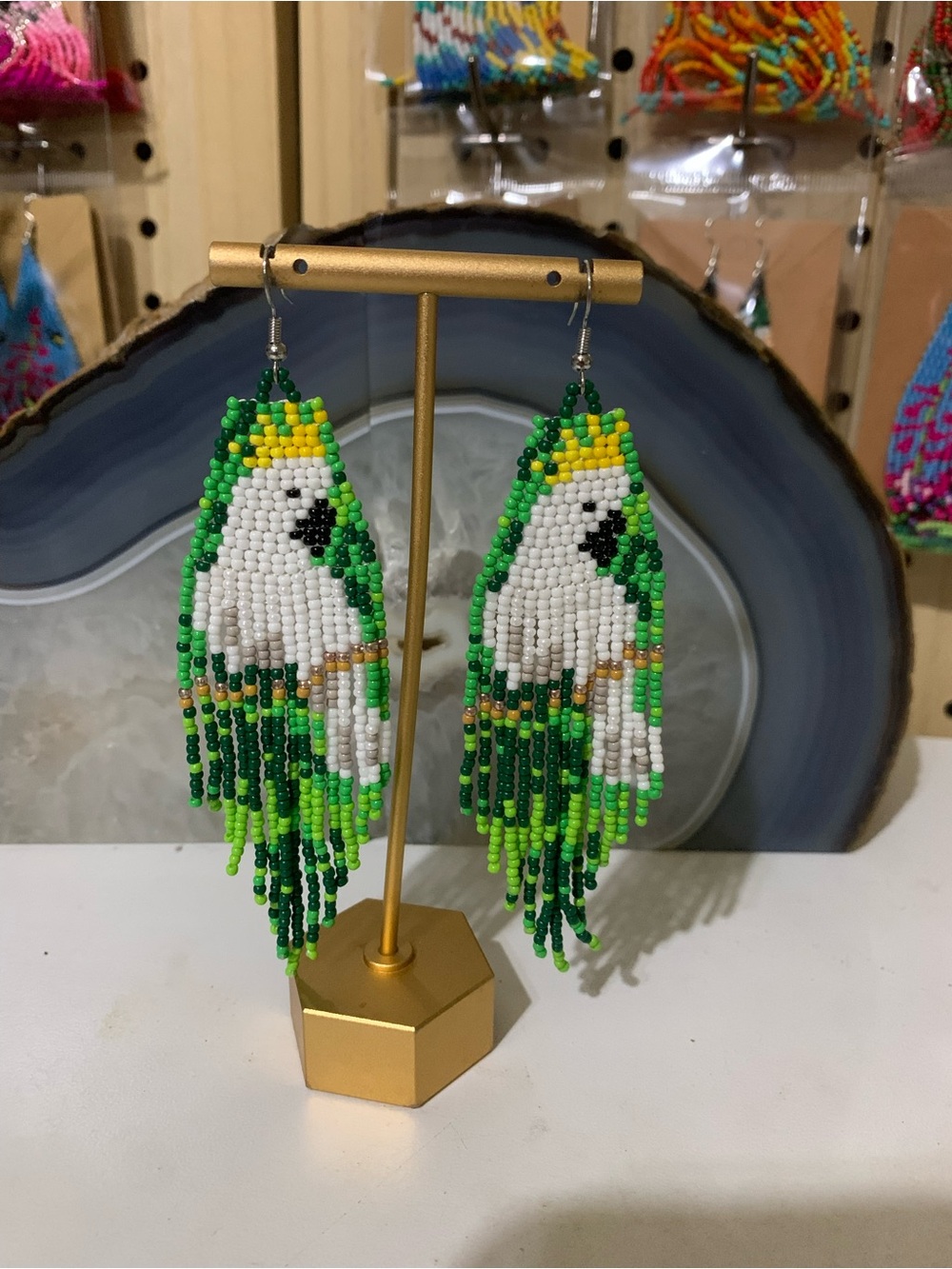 Green & White Beaded Parrot Fringe Earrings - Artisan Style